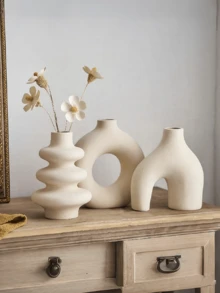 波西米亚风格 1/3 件白色陶瓷花瓶套装 - 非常适合香蒲，非常适合婚礼和家居装饰，非常适合客厅、卧室和咖啡桌的圆形中心装饰