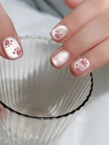 10Pcs Cute Cat Claw Nail Art Pink Cat Eyes Look White Sweet Girl Wearing Armor Short Style Pure Handmade Reusable False Armor Sheet Press On Nails Nail Supplies Nails - Pink - View 3