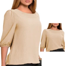 Women's 3/4 Princess Sleeve Blouse, Simple, Knitted Polyester - Beige - View 1