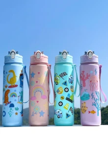 1pc 800ml Animal Dinosaur Straw Cup, Outdoor Sports Camping Water Bottle, Large Capacity Portable Cute Lady Office Water Bottle, Gradient Color Plastic Cup, Valentine's Day Gift - Multicolor - View 1