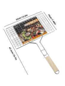 Large Capacity Stainless Steel Barbecue Tongs, Portable Outdoor Stainless Steel Barbecue Tongs With Wooden Handle, Flip Rotatable Barbecue Rack, Rectangular Mesh Design, Ideal For Grilling Fish, Wings, Legs, Steak, Shrimp And Vegetables