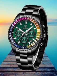 1pc Luxury Business Men's Watch, Chronograph, Rainbow Case Men's Stainless Steel Strap Calendar Night Light Quartz Watch, Men's Casual Watch, Waterproof Clock Women's Watch+Free Chain Link Remover
