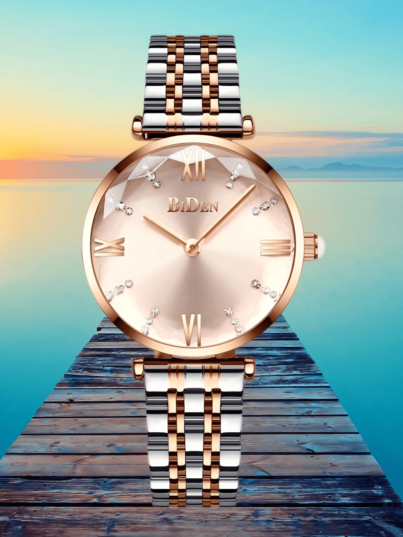 BIDEN 1Pc Elegant Ladies' Watch, Top Luxury Ladies' Watch, Stainless Steel Solid Strap, Waterproof Quartz Ladies' Watch, Fashionable Ladies' Clock Relogio Feminine+Box