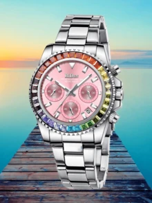 Reloj de mujer elegante y de moda BIDEN, reloj de cuarzo para negocios y ocio, cronógrafo de 12/24 horas, calendario impermeable con luz nocturna, caja arcoíris, correa de acero inoxidable, reloj de mujer + caja