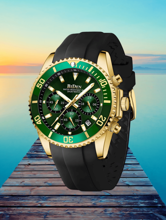  1 件 BIDEN 男士潜水表圈计时手表，防水，夜光设计，橡胶表带，优雅运动模拟日期