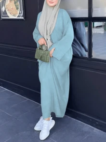 纯色优雅圆领长袖超长休闲修身连衣裙，适合女士日常穿着 - 淺藍色 - 查看 3