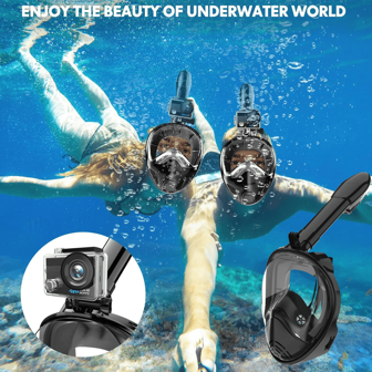 Volledig snorkelmasker met camerabevestiging, 180° panoramisch zicht, anti-condens en lekvrij, geschikt voor duiksporten voor mannen en vrouwen, strandbenodigdheden, strandaccessoires, zwembadfloat