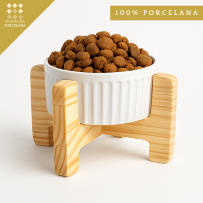 MUNDO DA PORCELANA Comedouro Pet Porcelana Colorido 320ml Madeira Ergonômico Gato Cachorro