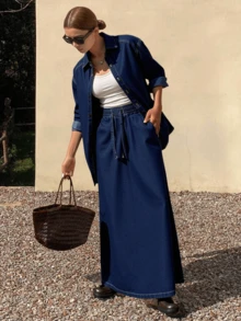 Livesso 女士简约纽扣前短袖上衣和牛仔裙两件套 - 藍色 - 查看 1