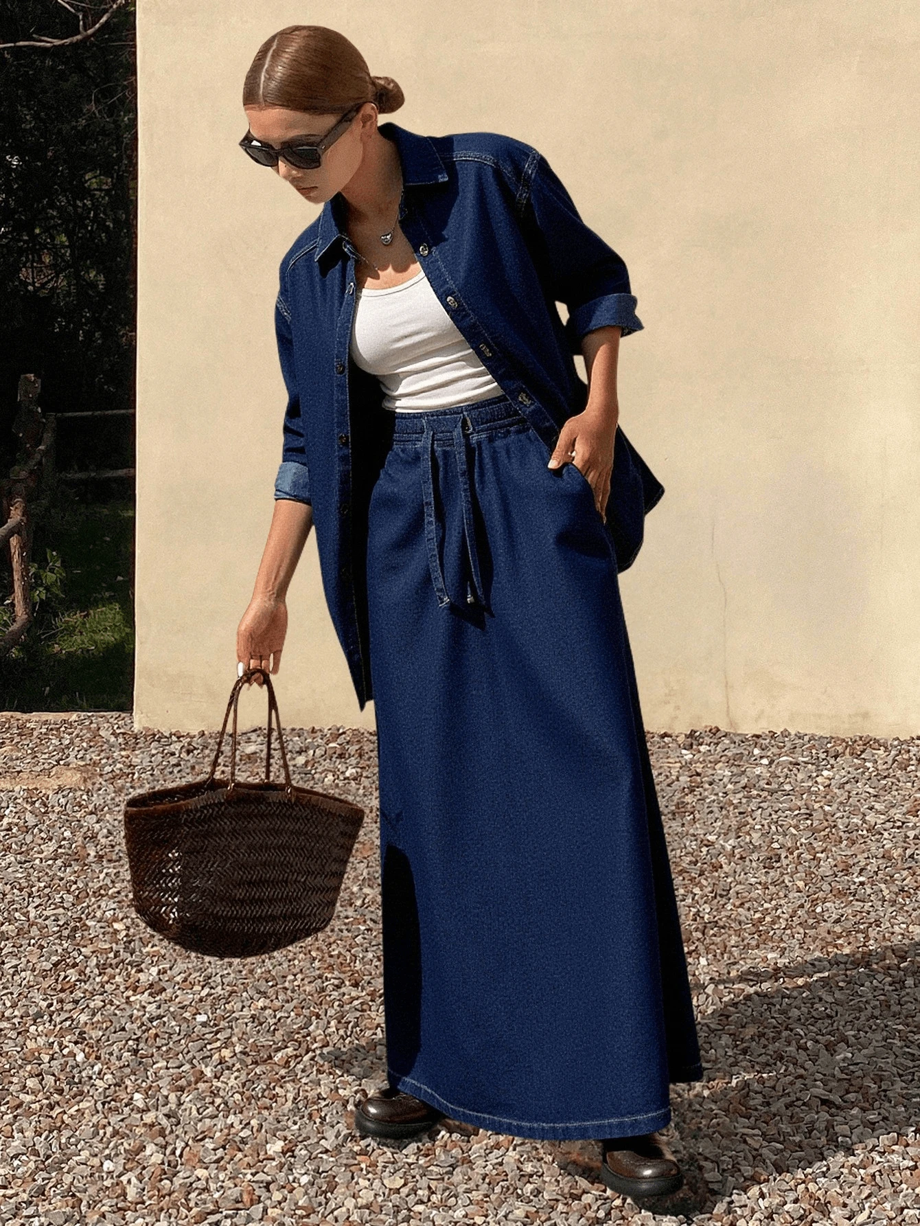 Livesso 女士简约纽扣前短袖上衣和牛仔裙两件套 - 藍色 - 查看 1