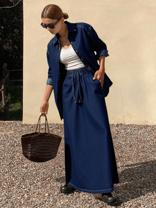 Livesso Women Minimalist Button Front Short Sleeve Top And Denim Skirt 2 Pieces Set