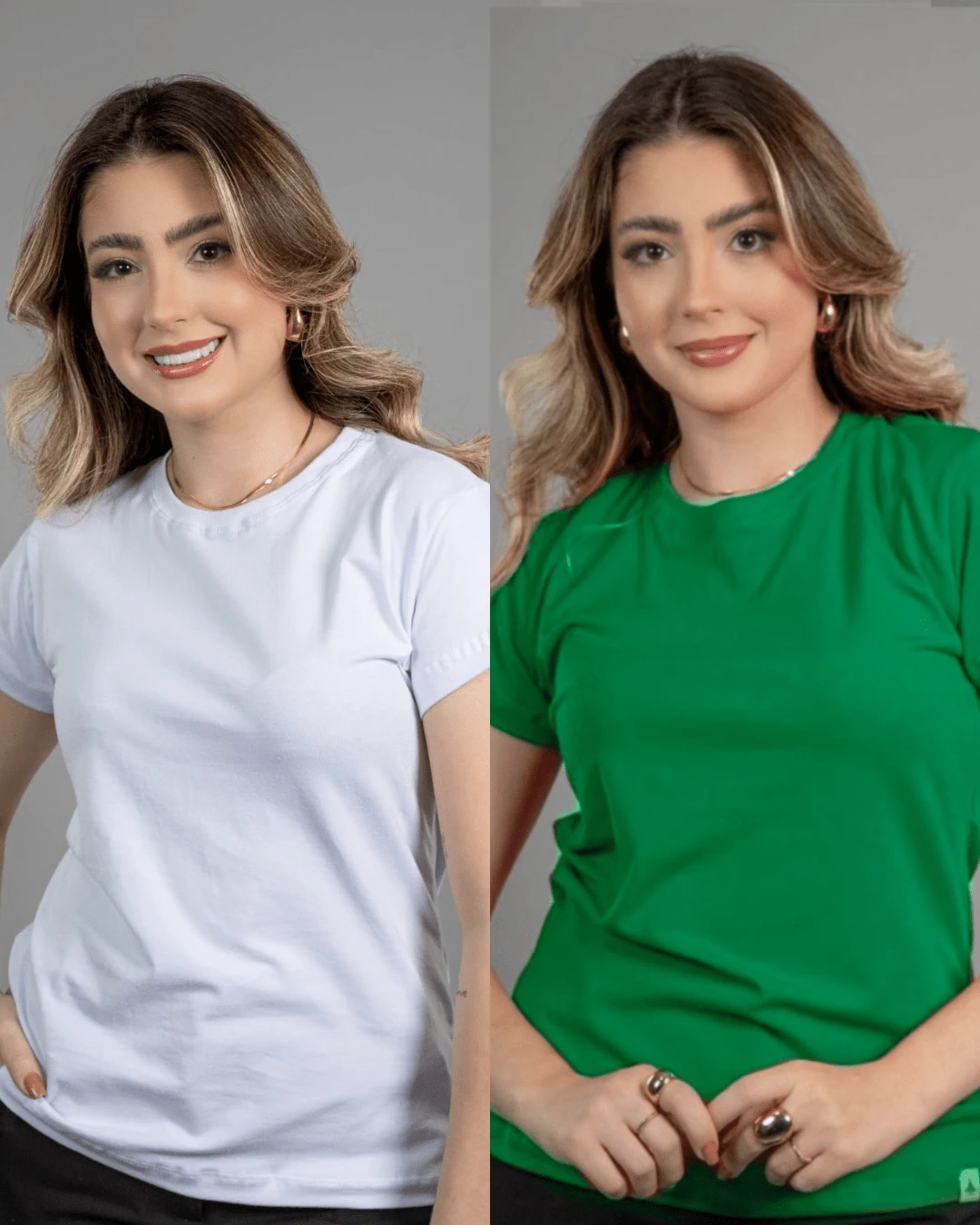 Kit 2 Women's Blouses Baby Look Basic T-Shirt 100% Premium Cotton Traditional Plain T-Shirt - 白/綠 - 查看 1