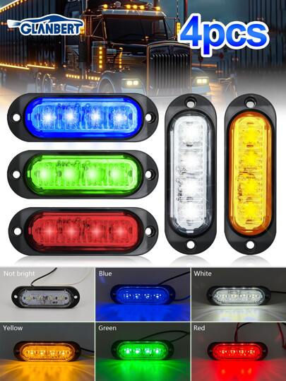 GLANBERT 4 piezas Barra de luces LED de 4 LEDs para camiones y coches, barra de luces LED delanteras y traseras para remolques, iluminación para barcos, luces exteriores para coches, luces intermitentes, luces de advertencia