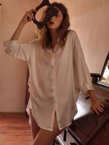 Solid Button Front Satin Robe With Thong