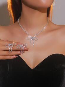 3 件套女士简约优雅 CZ 水晶蝴蝶项链和耳环首饰套装，闪亮方晶锆石新娘婚礼派对配饰 - 項鍊套裝 - 查看 1