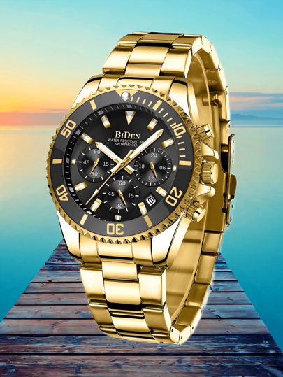  BIDEN Men's Watches, Men's Business Watches, Men's Sports Chronometers, Calendar Night Light Quartz Watches, Stainless Steel Strap Waterproof Clock Men's, Free Chain Link Remover+Box