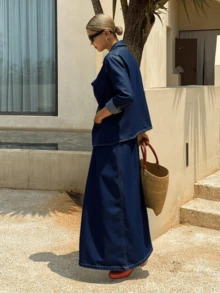 Livesso 女士简约纽扣前短袖上衣和牛仔裙两件套 - 藍色 - 查看 3