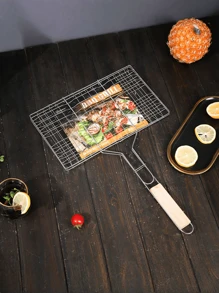 Large Capacity Stainless Steel Barbecue Tongs, Portable Outdoor Stainless Steel Barbecue Tongs With Wooden Handle, Flip Rotatable Barbecue Rack, Rectangular Mesh Design, Ideal For Grilling Fish, Wings, Legs, Steak, Shrimp And Vegetables