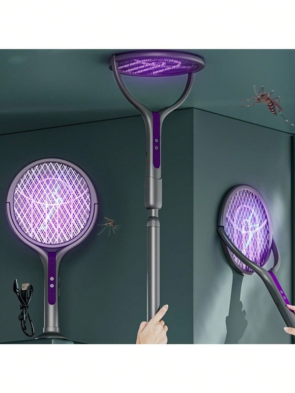 折りたたみ&伸縮 2in1電動蚊取り器、回転ヘッド 充電式 虫取り器、紫外線蚊/虫ライト付き、室内、オフィス、庭、キャンプにも、伸縮ハンドル付き害虫撃退機