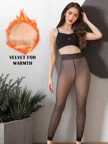 1双秋冬季女士仿透明打底裤羊毛加厚连体裤 - 黑色 - 查看 1