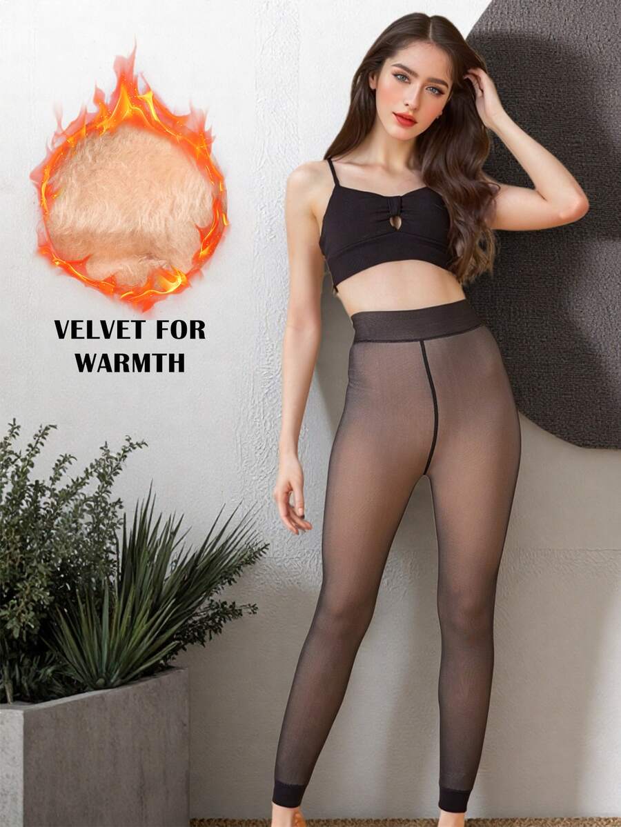 1双秋冬季女士仿透明打底裤羊毛加厚连体裤 - 黑色 - 查看 1