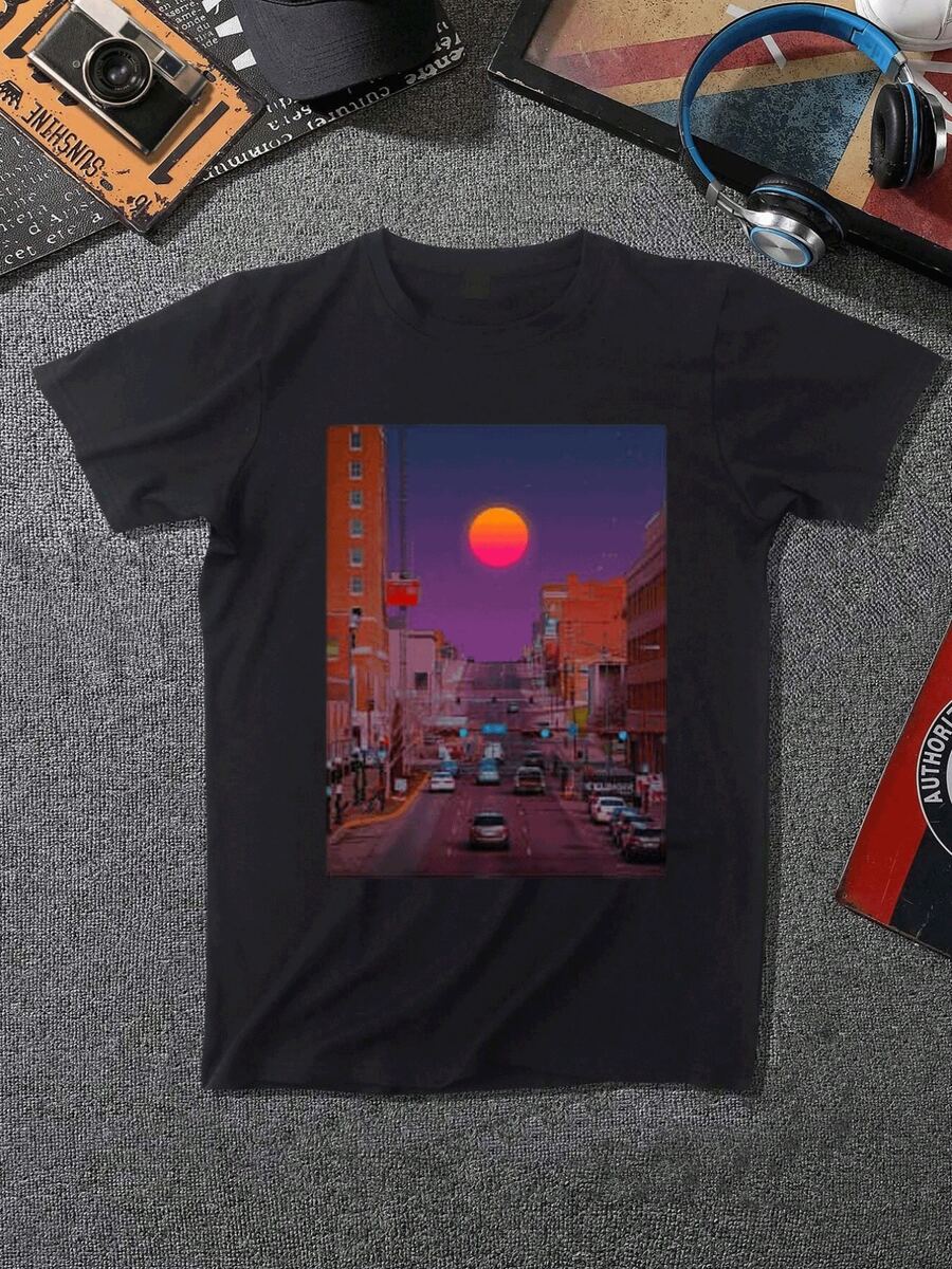 Big & Tall Men's Sunset Cityscape Graphic TShirt  Comfortable Plus Size Tee With Vibrant Urban Artwork, Soft Cotton Blend For Relaxed Fit, Stylish Design Perfect For Casual Wear, Features A Stunning Sunset Over City Streets. - 黑色 - 查看 1