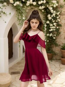 Fitglam Cute Women's Chiffon Short Dress Spaghetti Straps Party Dress A-Line V-Neck Homecoming Graduation Dress - 酒紅色 - 查看 6