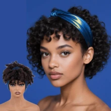 MECRY Kinky Curly Headband Wigs For Women - Short Afro Curly Wig With Headband - Natural Black Green Headband Wig For - Afro Short Curly Synthetic Wig With Bangs, Kinky Curly 2 In 1 Head Wrap With Headband Attached, Turban Style - Multicolor - View 9