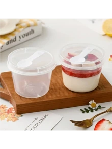 [25 Reusable Cups] 25 Leak Proof Reusable Plastic Cups With Lids And Spoons | , Suitable For Cakes, Puddings, Desserts, Hot And Cold Drinks | Ideal For Parties, Takeaways And On-The-Go, Party Essentials, Fun Cup Design, Durable Plastic - Transparent - View 3