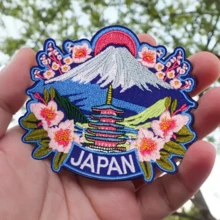 1pc Vibrant Sakura & Mount Embroidered Patch - Durable Iron-On Design With Cherry Blossoms, Pagoda, And Sunset Sky, Perfect For Clothing & Accessories, Clothing Accessory|Traditional Japanese Design|Durable Embroidery, Cherry Blossom Accessories