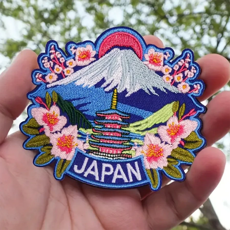 1pc Vibrant Sakura & Mount Embroidered Patch - Durable Iron-On Design With Cherry Blossoms, Pagoda, And Sunset Sky, Perfect For Clothing & Accessories, Clothing Accessory|Traditional Japanese Design|Durable Embroidery, Cherry Blossom Accessories