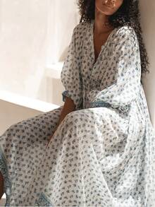 Women Summer Long Dress 3/4 Sleeve V Neck Floral Print Sundress Loose Fall Casual Dresses Daily Outwear Streetwear