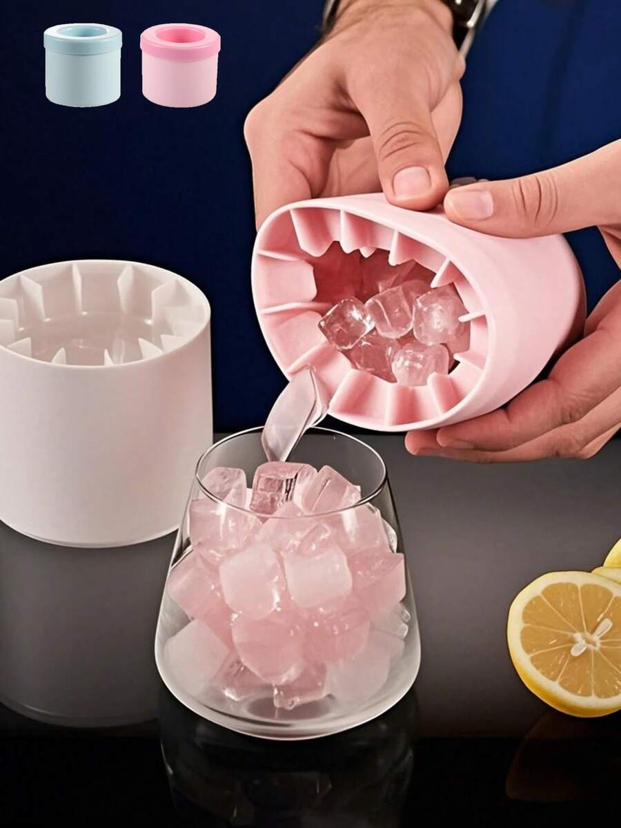 1 件便携式硅胶冰块模具，3D 圆柱形制冰器粉色/蓝色，易释放硅胶冰块托盘，具有多隔间和带盖的简易桶设计，可重复使用的制冰器，适用于家庭、酒吧、俱乐部和夏季户外饮品，非常适合鸡尾酒和水果、厨房用品、厨房配件