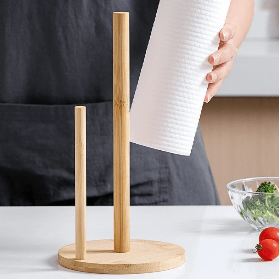 1pc Bamboo Paper Towel Holder - Kitchen Paper Towel Rack, Bathroom Towel Roll Holder, Simple Standing Countertop Paper Roll Rack, 2 Sizes Available