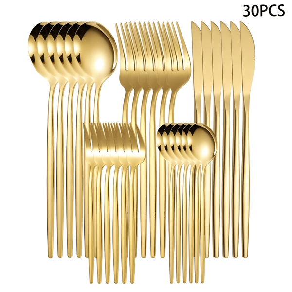 Juego de cubiertos de 30 piezas/5 piezas de acero inoxidable, incluye cuchillo para filete, tenedor, cuchara, cuchara de té, tenedor de cena, cuchara de cena, tenedor de fruta, cuchara de postre, cuchara de café, apta para lavavajillas, acabado espejo, adecuada para hogar, restaurante, hotel, fiesta y boda, juego de cubertería de color cobre