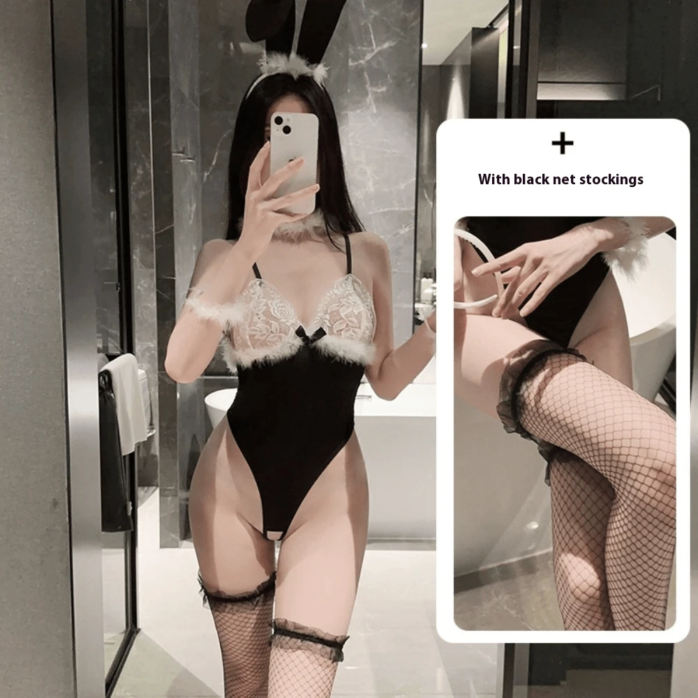 Sexy Lingerie Sexy Lace Bunny Girl Tights Cosplay Uniform Temptation Passion Open Crotch Pure Desire Suit - 黑色+同款襪 - 查看 1