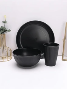 1 套高品质黑麦秸秆餐具套装，条纹餐具 - 包括盘子、碗和杯子，适合家庭使用，学校用品 - 黑色 - 查看 2