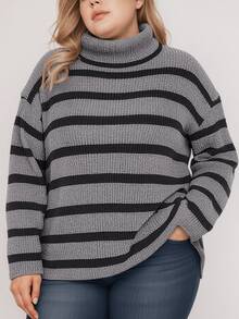 Marrie Tricot Striped Turtleneck Knit Blouse Cold Winter Elegant - than chì/đen - Xem 5