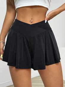 Plus Size Women's Casual Solid Color Knit Fabric Shorts, Asymmetric Design, Short Length, Comfortable Fit