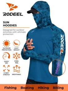 RODEEL Sun Hoodie Shirts W/ UV Detection Mask Neck Gaiter Thumbhole Men UPF 50+ Sun Protection Long Sleeve Lightweight Quick Dry Moisture Wicking Breathable Cooling Athletic Activewear For Outdoor Fishing Roofing Construction, Holiday Gift - Màu xanh ngọc - Xem 2