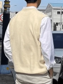 Chaleco de punto de unicolor con cuello en V casual y versátil para hombres GRDR - Albaricoque - Ver 3