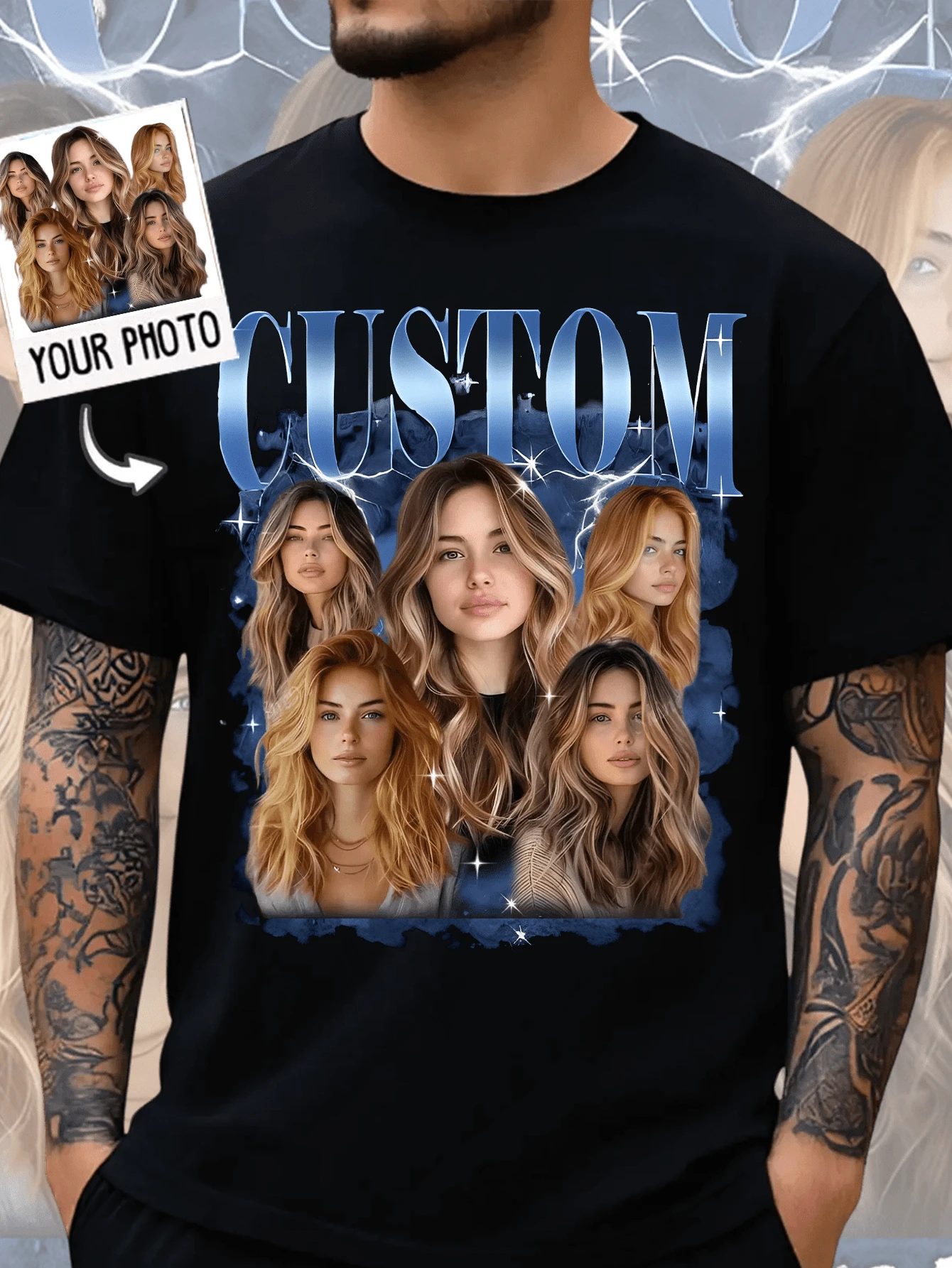 Camiseta casual cómoda y holgada personalizada para hombres. Camiseta vintage con foto personalizada de la novia, camiseta gráfica personalizada de rap pirata, camiseta para esposa/esposo, regalo de aniversario, regalo del Día de San Valentín (selfie/foto familiar/foto de amigos/fiesta/equipo/novio/novia/pareja a juego/ropa de trabajo), personalizado, único, disfraces de hombre, guardarropa cápsula, gala urbana - Negro - Ver 1