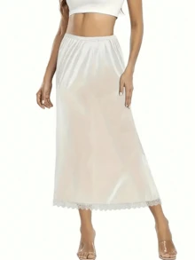 2 件套纯色中长裙，带精致蕾丝花边，松紧腰，女士内衣和塑身衬裙