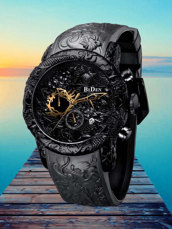 BIDEN Biden Watch Men's Large Dial Watch Chronograph 3D Carved Dragon Waterproof Sports Quartz Watch Elegant Men's Gift, Silicone Strap+Box