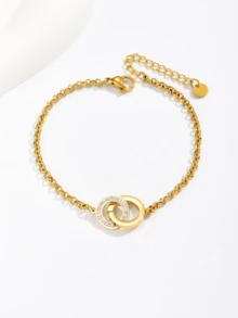 1pc Fashionable Stainless Steel Rhinestone Linked Bracelet, Suitable For Daily Wear - Golden - View 1