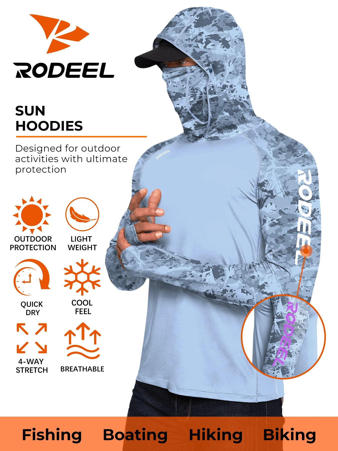 RODEEL Men's Shoulder Cap Hooded Sweat Absorbent Breathable With Mask Neck Protector Long-Sleeved T-Shirt For Outdoor Fishing Hiking Cycling Outdoor Activities