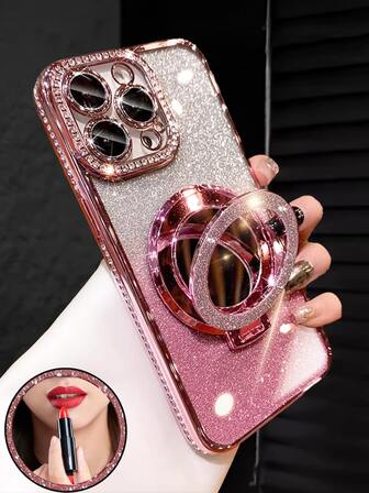 Luxury Electroplated Pink Phone Case With Makeup Mirror Stand, Decorated With Shiny Rhinestones, Made Of Silicone Material, Shock-Proof And Drop-Resistant, Compatible With IPhone 16/16e/16 Pro/16 Pro Max/16 Plus/15/14/13/12/11/X/XS/XR/8/7 And Galaxy S25/S24/S23/S22/S21/A55/A54/A53/A52/A35/A34/A23/A16/A15/A14/A13/A12/A05S/FE/Ultra/4G/5G, As Well As Redmi/Honor/MOTO/OPPO/Infinix Phones