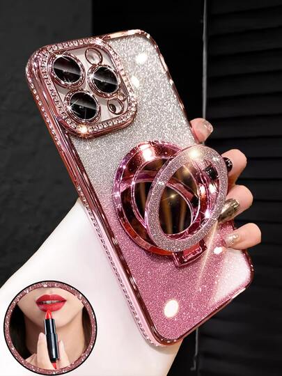 Luxury Electroplated Pink Phone Case With Makeup Mirror Stand, Decorated With Shiny Rhinestones, Made Of Silicone Material, Shock-Proof And Drop-Resistant, Compatible With IPhone 16/16e/16 Pro/16 Pro Max/16 Plus/15/14/13/12/11/X/XS/XR/8/7 And Galaxy S25/S24/S23/S22/S21/A55/A54/A53/A52/A35/A34/A23/A16/A15/A14/A13/A12/A05S/FE/Ultra/4G/5G, As Well As Redmi/Honor/MOTO/OPPO/Infinix Phones