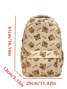 返校百搭时尚简约卡通水豚图案大容量旅行背包，适合各种场合 - 卡其色 - 查看 2