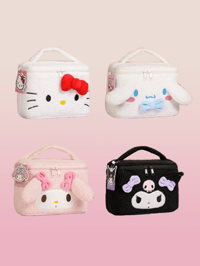 Sanrio 3D Plush Cosmetic Bag, Adorable Characters Design, Hello Kitty, My Melody, Kuromi & Cinnamoroll Designs, Extra Large Capacity & Wide Opening For Easy Packing, Soft Premium Quality Fabric With Double Zipper Closure, Perfect For Travel, Daily Use & As A Gift For Girl Friend